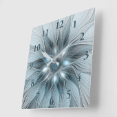 Horloge Carrée Fleur Joyeuse Abstrait gris bleu floral Fractal (Angle)