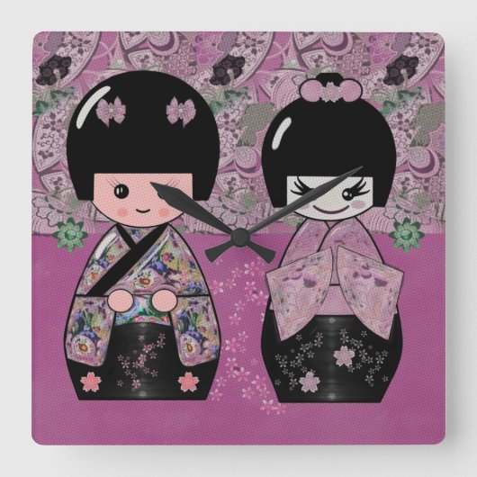 Horloge Carrée Fleur Kokeshi (Recto)