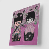 Horloge Carrée Fleur Kokeshi (Angle)