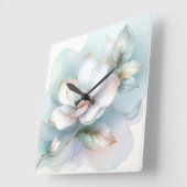 Horloge Carrée Fleur Magnolia Blanche À Bord Doré (Angle)