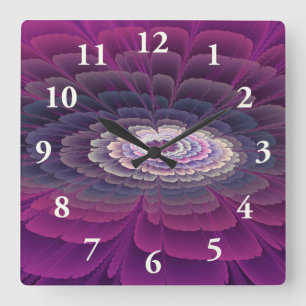Horloge Carrée Fleur rayante Coloré Abstrait Fractal Art rose