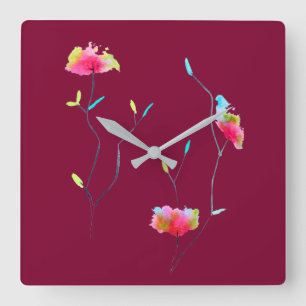 Horloge Carrée Fleur rose japonaise abstraite et simple