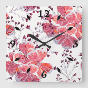 Horloge Carrée Fleur rouge rose sur blanc.