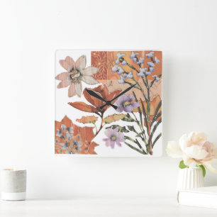 Horloge Carrée Fleur sauvage en terre cuite Russe Boho Accent mur