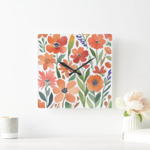 Horloge Carrée Fleur sauvage en terre cuite Russe Boho Accent mur