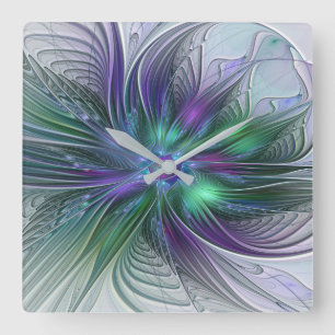 Horloge Carrée Fleur vert violet Art Abstrait moderne Fractal