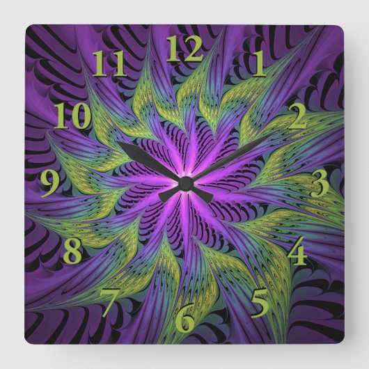 Horloge Carrée Fleur verte violette Art fractal abstrait moderne (Recto)