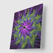Horloge Carrée Fleur verte violette Art fractal abstrait moderne (Angle)