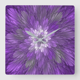 Horloge Carrée Fleur Violette Psychedelique Art Fractal Abstrait