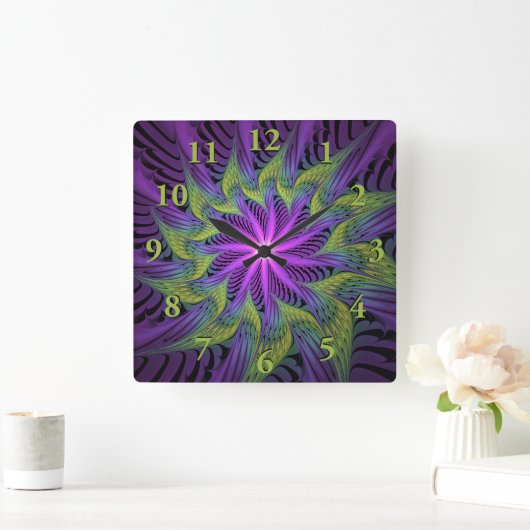 Horloge Carrée Fleuron vert violet Art Abstrait fractal moderne (Maison)