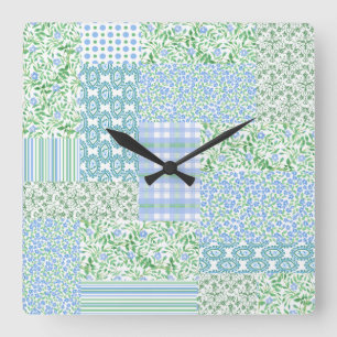 Horloge Carrée Fleurs à perches bleues Vintage Faux Patchwork