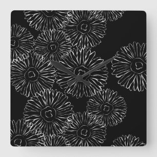Horloge Carrée Fleurs abstraites de printemps noir et blanc