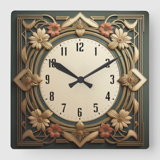 Horloge Carrée Fleurs Art Déco (Recto)