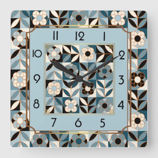 Horloge Carrée Fleurs Art déco bleu (Recto)