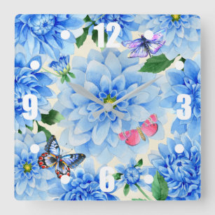 Horloge Carrée Fleurs assez bleues et papillons de dahlia floraux