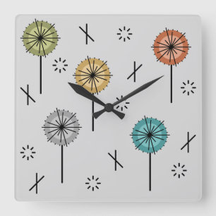 Horloge Carrée Fleurs atomiques rétro multicolores