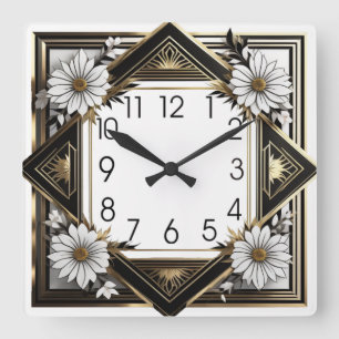 Horloge Carrée Fleurs blanches Art déco