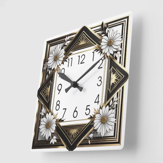 Horloge Carrée Fleurs blanches Art déco (Angle)