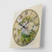 Horloge Carrée Fleurs blanches Beaux-Art Chiffres romains (Angle)