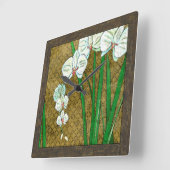 Horloge Carrée Fleurs blanches et tiges vertes à la frontière (Angle)