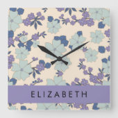 Horloge Carrée Fleurs Bleues, Fleurs Violettes, Floral, Votre Nom (Recto)