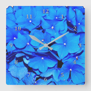 Horloge Carrée Fleurs bleues profondes d'hortensia de ressort
