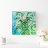 HORLOGE CARRÉE FLEURS BLEUES VERTES ET BLANCHES DE COEUR (Maison)