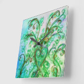 HORLOGE CARRÉE FLEURS BLEUES VERTES ET BLANCHES DE COEUR (Angle)