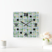 Horloge Carrée Fleurs chamomiles blanches sur à damiers bleu vert (Maison)