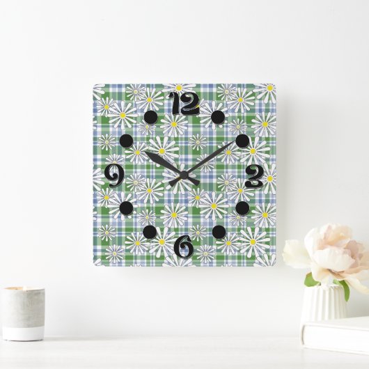 Horloge Carrée Fleurs chamomiles blanches sur à damiers bleu vert (Maison)