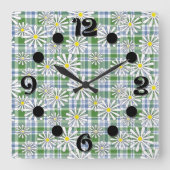 Horloge Carrée Fleurs chamomiles blanches sur à damiers bleu vert (Recto)