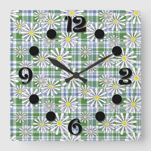 Horloge Carrée Fleurs chamomiles blanches sur à damiers bleu vert (Recto)
