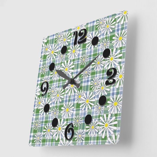 Horloge Carrée Fleurs chamomiles blanches sur à damiers bleu vert (Angle)