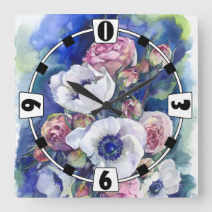 Horloge Carrée Fleurs d'aquarelle anémone roses d'illustration fl