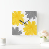 Horloge Carrée Fleurs d'aquarelle jaune et gris (Maison)
