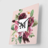 Horloge Carrée Fleurs d'aquarelle modernes Monogrammes (Angle)
