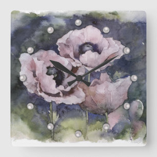 Horloge Carrée Fleurs d'aquarelle rose pavot illustration fleurs