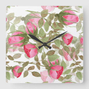 Horloge Carrée Fleurs d'aquarelle rose rose roses romes florales