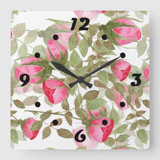 Horloge Carrée Fleurs d'aquarelle rose rose roses romes florales (Recto)