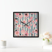 Horloge Carrée Fleurs d'aquarelle rose sur Motif rayé (Maison)