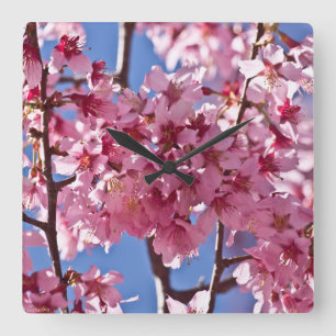 Horloge Carrée Fleurs de cerisier Sakura Étoiles rouges