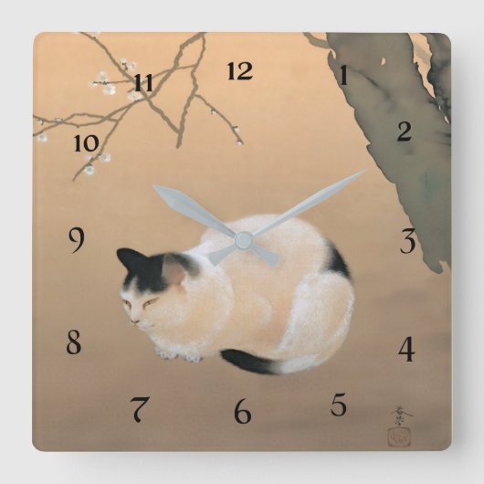 Horloge Carrée Fleurs de chats et de prunes par Hishida Shunso (Recto)