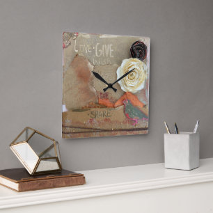 Horloge Carrée Fleurs de devis d'art multimédia mixtes