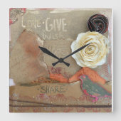 Horloge Carrée Fleurs de devis d'art multimédia mixtes (Recto)