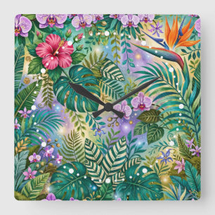 Horloge Carrée Fleurs de Fantaisie Jungle Violet Vert Or Rêveur