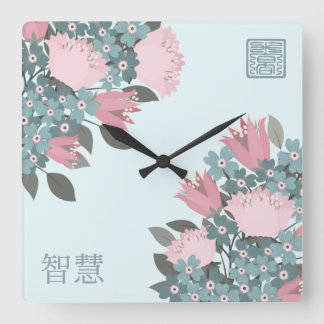 Horloge Carrée Fleurs de fleurs rose rose bleu rose art numérique