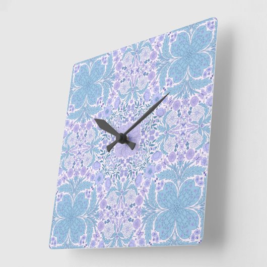 Horloge Carrée Fleurs de jardin rétro en bleu et violet (Angle)