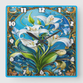 Horloge Carrée Fleurs de Lily dans le design floral orné (Recto)