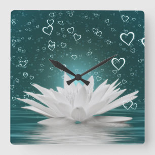 Horloge Carrée Fleurs de Lotus Romantiques Cœurs Zen Yoga Nénupha
