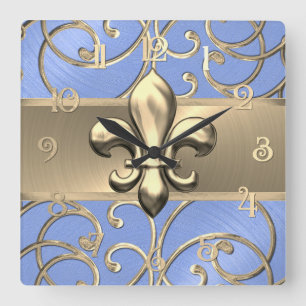Horloge Carrée Fleurs de Lt Blue et Gold Filigree